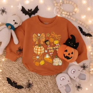 Halloween Bubble Romper with Bow - Baby Girl Outfit - Toddler Pumpkin Clothes - Spooky Season Costume