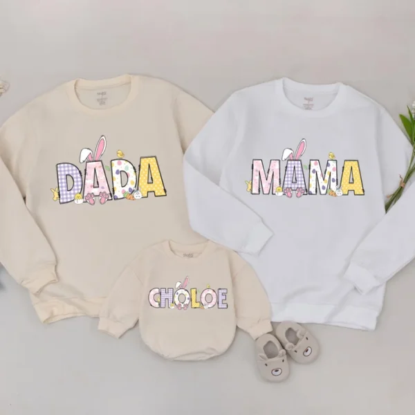 Personalized Easter Sweatshirt, Family Matching Sweater, Custom Bunny, Baby Romper - Cotton Blend - Various Sizes