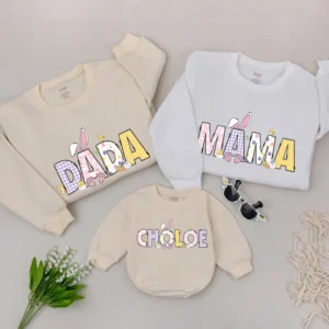 Personalized Easter Sweatshirt, Family Matching Sweater, Custom Bunny, Baby Romper - Cotton Blend - Various Sizes