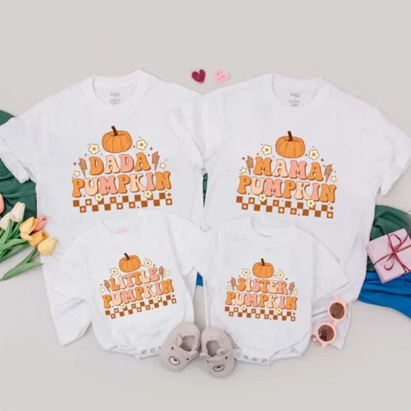 Personalized Family Thanksgiving Turkey T-Shirts - Matching Outfits, Romper, Retro Fall Style, Customizable