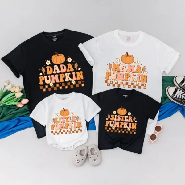 Personalized Family Thanksgiving Turkey T-Shirts - Matching Outfits, Romper, Retro Fall Style, Customizable