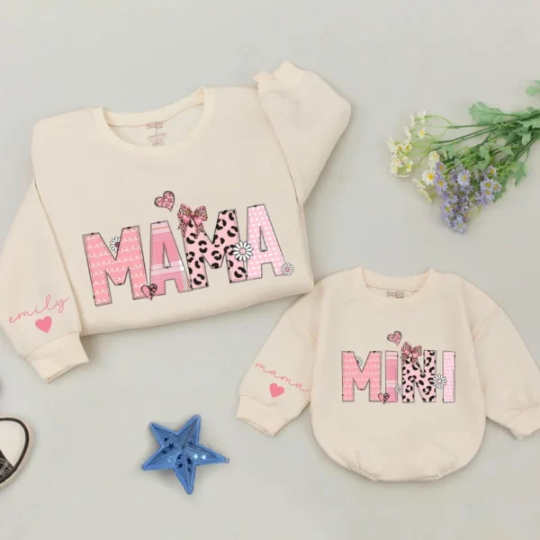 Personalized Pink Bow Mama and Mini T-Shirts - Matching Family Outfit - Custom T-Shirt - Cotton Blend