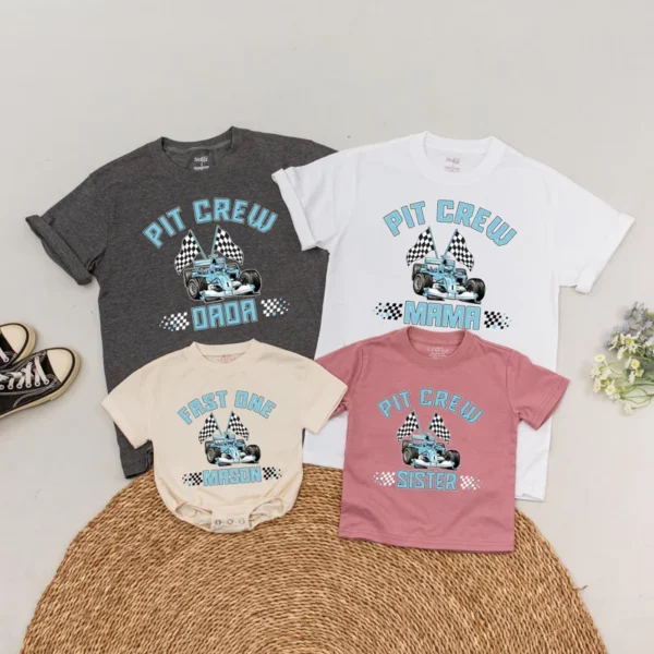 Personalized Pit Crew Family T-Shirt: Matching Race Car Outfit, Birthday Romper, Mommy and Me Tees