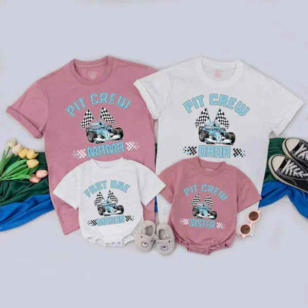 Personalized Pit Crew Family T-Shirt: Matching Race Car Outfit, Birthday Romper, Mommy and Me Tees
